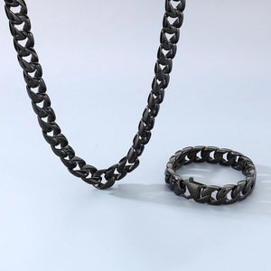 Detail view of 15mm black stainless steel Cuban link necklace and bracelet set with buckle