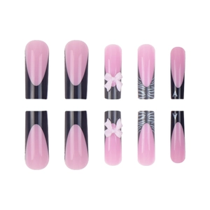 Long pink and black French press-on nails with zebra pattern and 3D bow charms