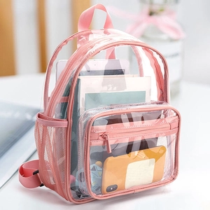 Pink transparent PVC backpack showing spacious interior with tablet and notebooks