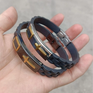 Black silicone sports bracelet with stainless steel cross plaque for men and women