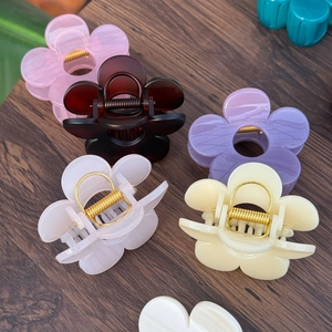 Détail de pinces à cheveux fleurs multicolores avec ressorts en métal sur bois