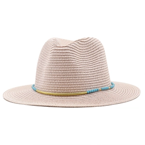 Beige straw fedora sun hat with a bohemian blue beaded band for summer travel