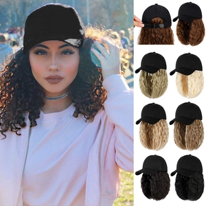 Detail of adjustable baseball cap with curly synthetic wig in multiple colors