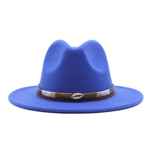 Bright blue felt fedora hat with woven ethnic band and shell detail for men