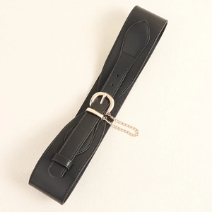 Elegant wide black leather belt with a decorative gold chain and metal buckle for dresses