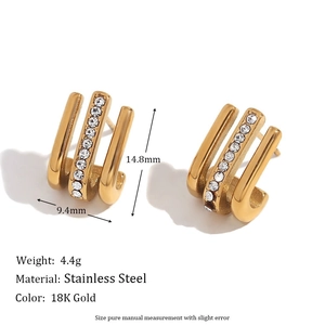 18K gold plated triple row J-hook stud earrings with white rhinestones on white background