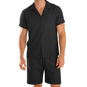 Men's summer black short sleeve button shirt and shorts set with vertical stripe texture