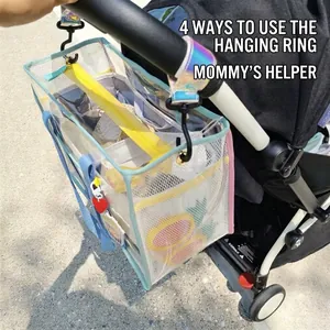 Waterproof large capacity mesh stroller bag with clear PVC and blue frame hooks