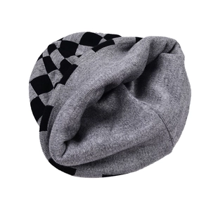 Checkerboard pattern knit beanie hat in grey and black color blocks for a trendy look