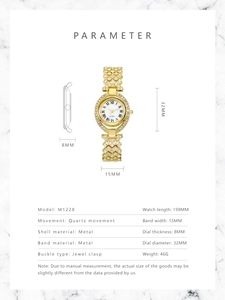 Dettagli tecnici orologio al quarzo dorato M1228 con strass e quadrante 32mm