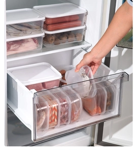 Transparente Vorratsdosen im Kühlschrank mit frischem Fleisch und Wurstwaren sortiert