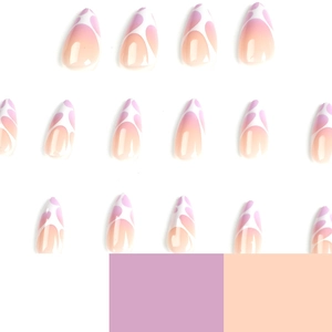 Almond shaped press-on nails with purple gradient and white heart doodle designs