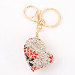Sparkling heart keychain with rhinestones and enamel flower charm for handbags