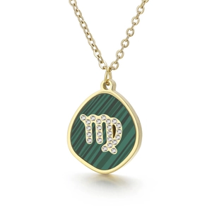Gold water drop Virgo constellation necklace with green stone and zircon inlay