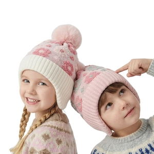 Bonnet En Tricot Pour Enfants Acrylique Jacquard Doublé Polaire Chaud Cache Oreilles Pompon En Fourrure Synthétique Hiver Filles Garçons