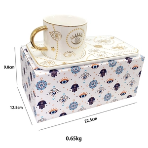 Detailed dimensions and 0.65kg weight of Evil Eye ceramic coffee cup and tray gift set