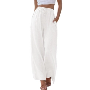 White high-waisted wide-leg lounge pants with drawstring waist and side pockets