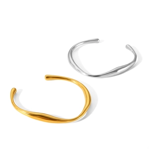 Minimalist irregular geometric open bangles in polished gold and silver stainless steel
