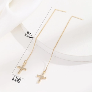Gold plated copper cross threader earrings with cubic zirconia, 9cm long elegant jewelry