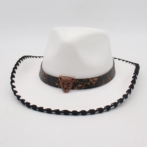 White felt cowboy hat with black stitched brim and bronze leopard metal buckle detail