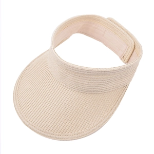 Detail of beige straw sun visor showing the fine spiral weave and adjustable back strap