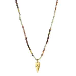 Detail of colorful tourmaline beaded necklace featuring a gold heart evil eye pendant
