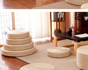 Close-up of natural woven grass cushions in various sizes for Zen home decor
