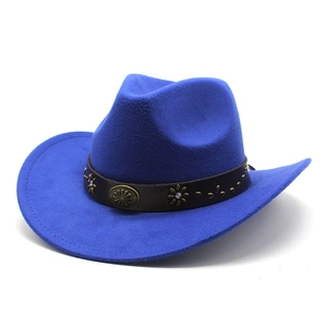 Close-up of royal blue felt cowboy hat with vintage floral metal studs on brown leather band
