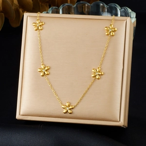 Exquisite gold plated stainless steel necklace set with five floral diamond charms