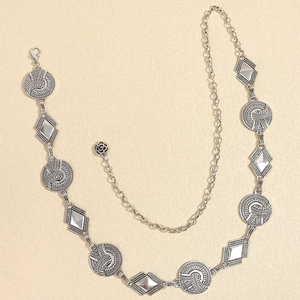 Bohemian silver waist chain with engraved circular discs and polished diamond metal links