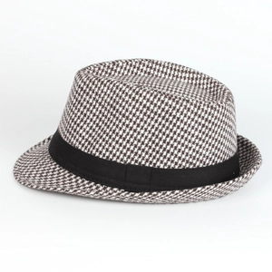 Classic houndstooth patterned fedora hat with a decorative black ribbon band
