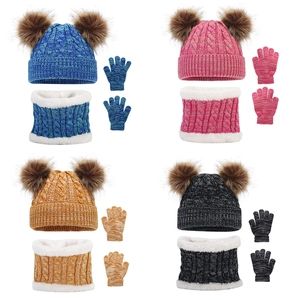 Winter kids knit set with double pompom hat scarf and gloves in four different colors