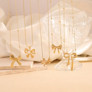 Stainless Steel Bow Pendant Necklace And Earrings Gold Plated Jewelry With Faux Artificial Pearl Rhinestone For Women