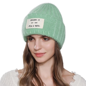 Winter women's ribbed knit rabbit fur hat in mint green with season letter patch