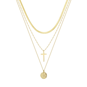 Detailed view of 3-layer gold stacked necklace with cross and round filigree pendants