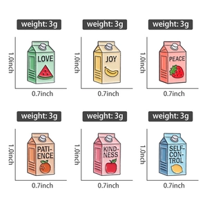 Detail showing 6 cute fruit milk carton pins with Love, Joy, Peace, and Kindness motifs