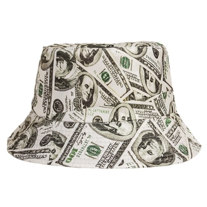 Streetwear bucket hat with $100 dollar bill print for beach travel and sun protection