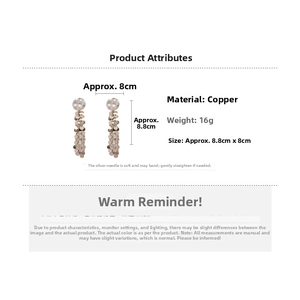 Detailed view of copper sequin tassel earrings with silver pins and size specifications