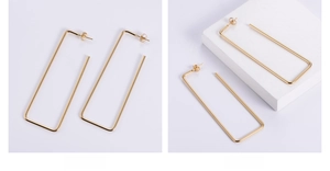 Detail of 18K gold plated rectangular hoop earrings with a minimalist geometric design