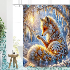 3D fantasy fox printed shower curtain in snow forest setting for modern bathroom decor