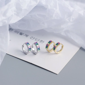S925 sterling silver hoop earrings with multicolored rectangular cubic zirconia