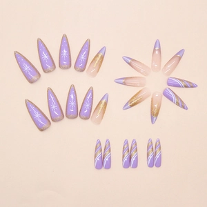 Detailed stiletto press on nails featuring purple cat eye and white star patterns