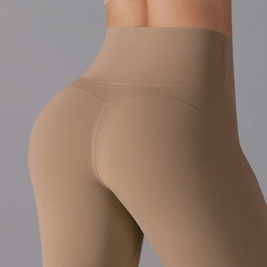 Close-up of high-waist yoga pants with peach butt seam and antibacterial fabric