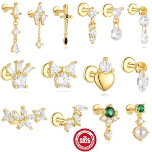925 Sterling Silver Helix Cartilage Piercing Studs With AAAAA Zirconia Heart Leaf Sword Dainty Gold Plated Jewelry