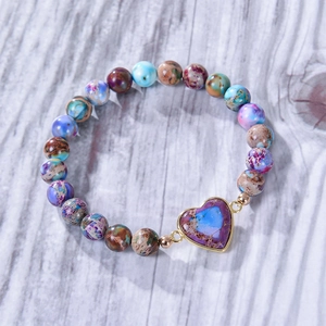 Bohemian imperial stone heart charm bracelet with 8mm multicolor natural beads