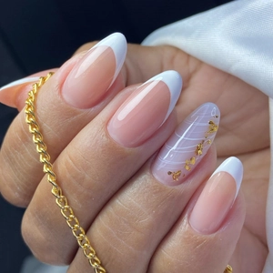 French White Almond Press On Nails Gold Foil Marble Pattern Nude Long Stiletto Glue On Nails For Women Manicure Decor