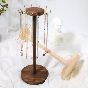 Solid Wood Jewelry Display Stand Necklace Holder Bracelet Rack Gold Metal Hooks Round Base Walnut Natural Color