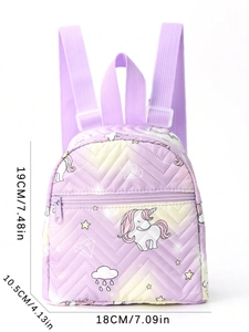 Detailed size chart of the purple quilted unicorn mini backpack showing its dimensions