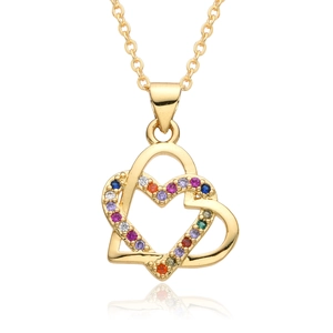 Elegant gold double heart necklace with multicolor pavé crystals on a white background