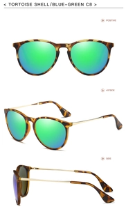 Detail view of tortoise shell frames with blue-green mirrored lenses and gold metal temples